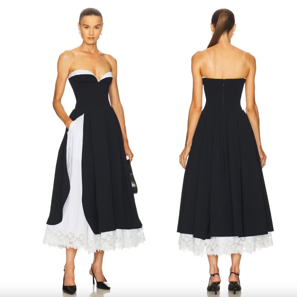 NEW Helsa The Finale Midi Dress With Lace & Poplin Black White Strapless Gown